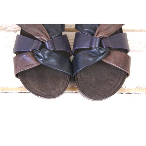 Black and brown strappy leather open toe vintage wedge mule sandals - Picture 2 of 4